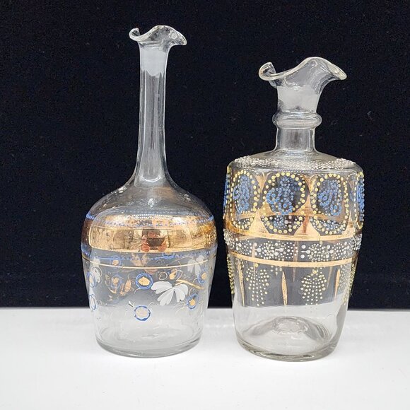 Bohemian Blown Glass Decanters Hand Painted Blue Enamel Gold Paint 7.5" - Picture 10 of 13
